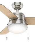 36 Inch Indoor Ceiling Fan With LED Light And Pull Chain in Brushed Nickel, 3 Blades, Ideal For Bedroom Home Office Or Laundry Room