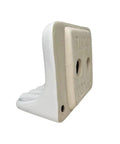 Side view of white glazed ceramic soap dish for bathroom wall mount with tile adhesion, not for flat surfaces, includes 1/4 inch lip.