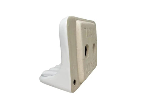 Side view of white glazed ceramic soap dish for bathroom wall mount with tile adhesion, not for flat surfaces, includes 1/4 inch lip.