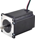 Front view of NEMA 23 stepper motor with shaft, front mounting flange, black housing and attached wires.