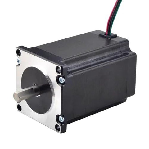 Front view of NEMA 23 stepper motor with shaft, front mounting flange, black housing and attached wires.