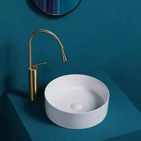 Nordic Vessel Sink - Round Bathroom Washbasin for Countertop, sleek white design with gold faucet, modern home decor.