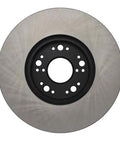 Front view of Centric Premium 120.44083 front brake rotor with silver braking surface and black center hub