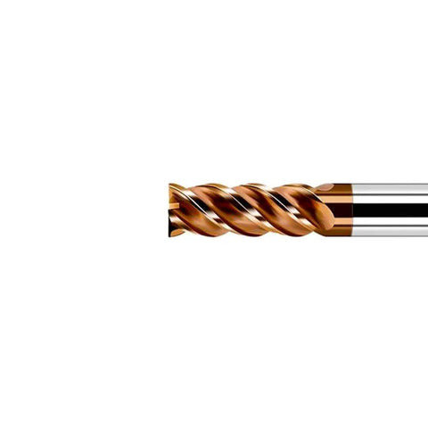 Side view of TiSiN-coated carbide end mill with spiral flutes; copper-colored coating and silver shank