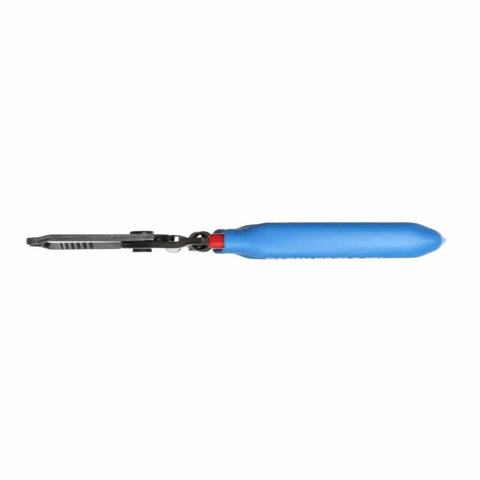 Built Tough Heavy Duty Wire Cutter And Stripper for 20 to 30 AWG, side view, blue handle, precision tip, Made in USA