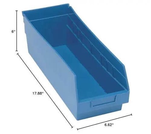 Store More Part Organizer Blue Bin Set Heavy Duty High Density Plastic Storage Bin 18 Inch Long By 7 Inch Wide By 6 Inch High