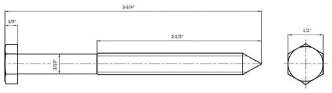 Technical drawing of a bolt with measurements from a 78 Inch Barn Door Track And Hardware Kit In Champagne Brass With Smooth Rollers And Matching Hardware For Doors Up To 36 Inches Easy Install With All Mounting Hardware Included And Heavy Duty Steel Construction.