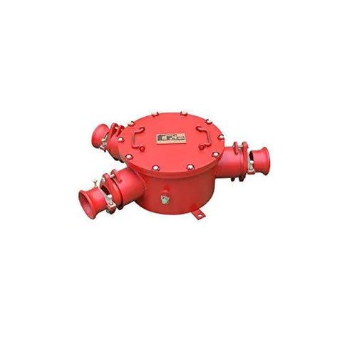 Explosion-proof high-voltage cable junction box for mining; red circular steel housing with multiple conduit inlets