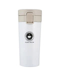 Dope 380 Ml Double Wall Stainless Steel Coffee Mug With Solid Lock Leak Proof Push Button Lid And Built In Mesh Filter For Prime Thermal Insulation And Daily Caffeine Runs On The Go, featuring a white exterior and beige lid.