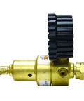 Acetylene regulator with brass body and large black knurled knob; A outlet connection, 200 CGA inlet.
