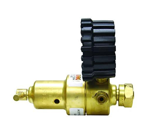 Acetylene regulator with brass body and large black knurled knob; A outlet connection, 200 CGA inlet.