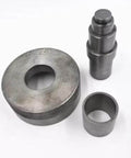 Front view of waterjet seal installation tool set: knurled ring, stepped pin adapter, and hollow sleeve.