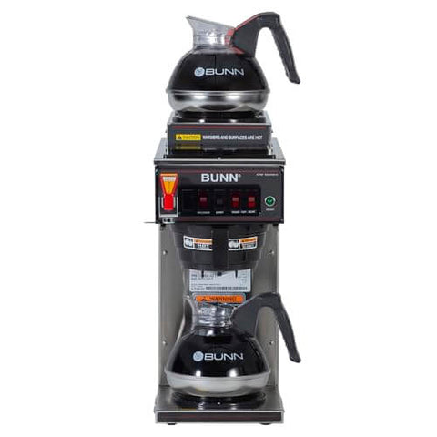 Automatic Commercial Coffee Brewer With Three Warmers And Back Up Pourover Plumbed Water Line SplashGard Funnel Hot Water Faucet All Stainless Steel Designed And Assembled In The USA Decanters Not Included