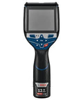 Front view of 12V Max Connected Thermal Camera with 500 sharp thermal images storage for on site inspections, pro grade intuitive one tap interface for fast results, built in microphone and speaker for voice notes and easy file transfer.