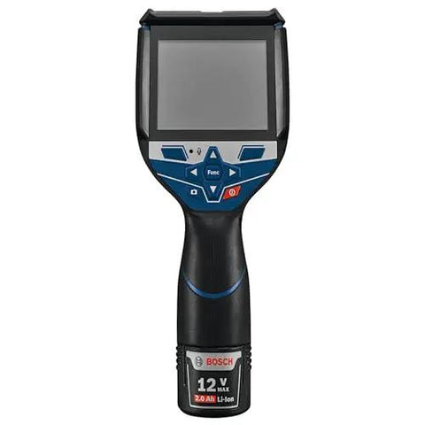 Front view of 12V Max Connected Thermal Camera with 500 sharp thermal images storage for on site inspections, pro grade intuitive one tap interface for fast results, built in microphone and speaker for voice notes and easy file transfer.