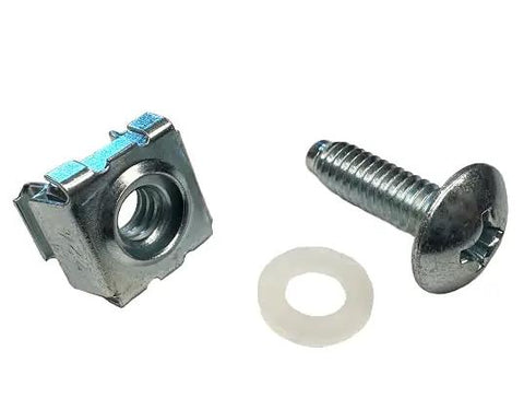 Killer Grip 12-24 Zinc Cage Nuts And Phillips Truss Head Screws Pro Grade Hardware Bundle With Tough Plastic Washers For Secure Rack Mounting Snap In Placement Built Different 25 Pack Usa Made, showing a zinc cage nut, screw, and washer.