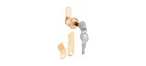 Beefy Diecast Drawer And Cabinet Lock With Brass Finish, 5/8 In., Fits On 5/16 In. Panel Thickness, shown with keys and cams