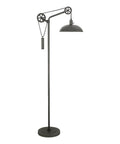 Spoke Wheel Pulley Floor Lamp With Metal Shade In Aged Steel Finish for Industrial Living Room and Office Decor, Handcrafted Solid Metal Base