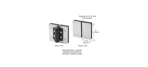 316 Stainless Brushed Glass-To-Glass Hinge, 180 Degree Self-Closing, Heavy-Duty Gate Hinge For Half-Inch Tempered Glass, Interior Or Exterior Use, Tension Adjustable With A Screwdriver. Interior and exterior views of 316 stainless glass hinge for 1/4 in gap standard.