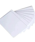 100 Piece Glossy White Blank Inkjet Printable PVC Card Pack Waterproof Id And Business Badges Chipless Top Notch Slick Coating Killer Finish For Epson Canon Desktop Printers showing stacked blank cards.
