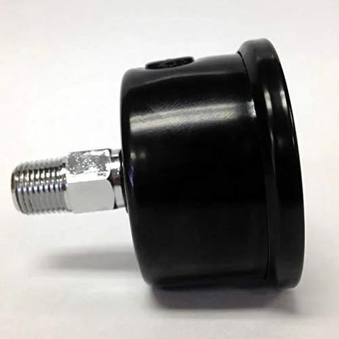 Marshall Instruments MSB00100 liquid-filled fuel/oil pressure gauge, black housing with threaded connector (side view)