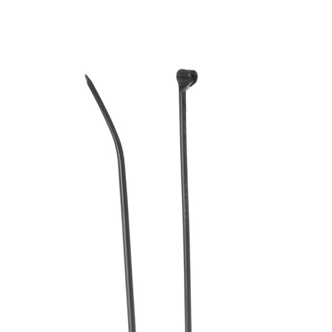 11 Inch Black Cable Ties Bulk Pack 1000 Count 30 Lb Tensile Strength Heavy Duty Stainless Barb Infinite Locking Positions Weather Resistant UV Resistant Nylon For Indoor And Outdoor Use close-up image of two black nylon cable ties.