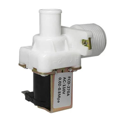 Close-up of Three Quarters Inch Water Inlet Solenoid Valve AC 110V Normally Closed Right Angle Thread Plastic Body for appliances.