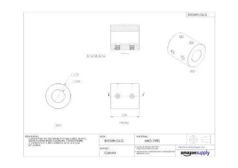 Technical drawing of Rigid Coupling With 7/8 Inch Bore And 1-3/4 Inch Outer Diameter, 2 Inch Length, Black Oxide Coated Mild Steel