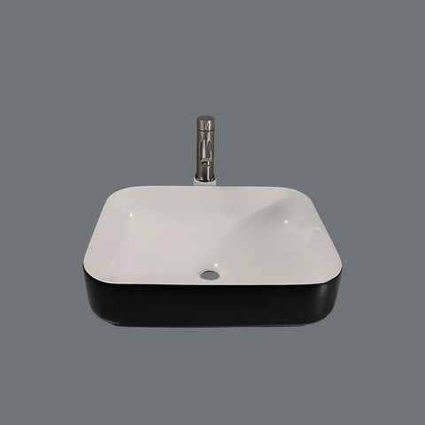 Bathroom Sink Modern Simple Black Appearance Above Counter Basin Ceramic Wash Basin Apartment Home Bathroom Ceramic Above Counter Basin Bathroom Sink Vessel with shiny white surface and black base.