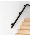 Heavy Duty Black Wrought Iron Stair Railing With Sick Super Grippy Treads For Indoor Outdoor All Weather Home Safety No Sweat Mount For Attic Porch Deck on wooden stairs.
