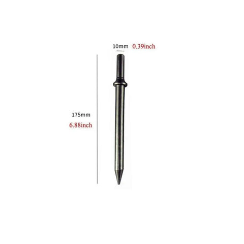 Five Piece Pneumatic Air Hammer Chisel Bit Set With 6.88 Inch Bits, 10mm Round Shank, single chisel bit with measurements shown