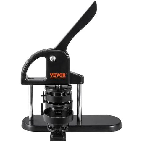 Front view of a black VEVOR button maker with ergonomic arc lever and base for 25/32/58 mm buttons.