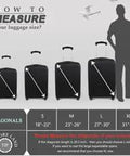Luggage size guide for measuring suitcases with diagonals, from small (18-22 inch) to extra large (31-32 inch) against human silhouette.