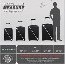 Luggage size guide for measuring suitcases with diagonals, from small (18-22 inch) to extra large (31-32 inch) against human silhouette.