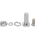 Set of bolts, nuts, and washers in various sizes, silver metallic finish, arranged in a row on a white background.