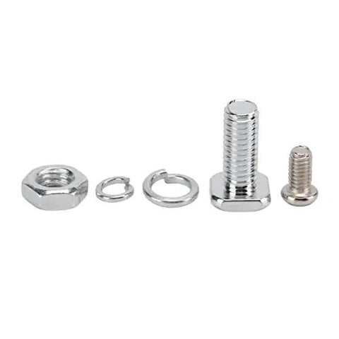 Set of bolts, nuts, and washers in various sizes, silver metallic finish, arranged in a row on a white background.
