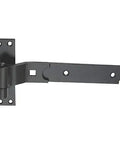 Pack Of Ten Professional Grade Heavy Duty Cranked Hook And Band Shed Door Hinges Solid Black Steel Gate Hardware For Outdoor Fences mounted on a surface.
