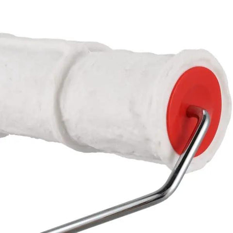Pro Grade Texture Paint Roller Delivers Killer Brick and Rustic Stone Looks on Interior Walls Patio Walkways and DIY Renovations Effortless Glide with Zero Sweat Red, close-up of roller cover and handle.
