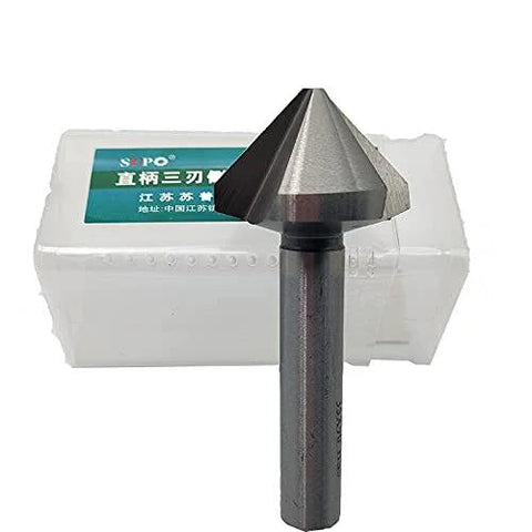Chamfering drill bit, 35mm diameter, 90-degree HSS cutter with straight shank in plastic storage box