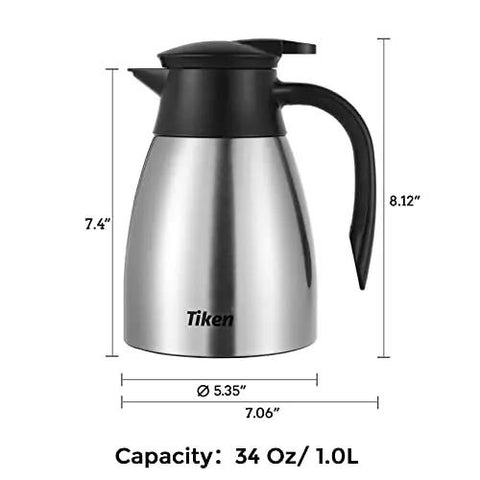 Built Tough 34 Oz Thermal Coffee Carafe With Double Wall Stainless Steel Vacuum Insulation, 8.12-inch height, slick silver design.