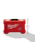 Milwaukee red carrying case for Four Piece Step Drill Bit Set With Thirty One Hole Sizes HSS Black Oxide Finish, showing size 4.9 in
