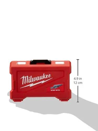 Milwaukee red carrying case for Four Piece Step Drill Bit Set With Thirty One Hole Sizes HSS Black Oxide Finish, showing size 4.9 in