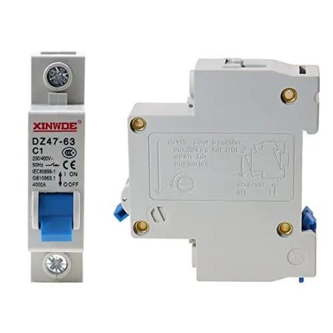 Two Pack One Pole 230 400V Low Voltage Miniature Circuit Breaker 1A DIN Rail Mount DZ47 63 C1 front and side view