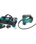 Heavy Duty 18V Brushless Impact Wrench Kit With Detent Anvil And Bonus Portable Air Inflator, complete tool set with battery and charger.