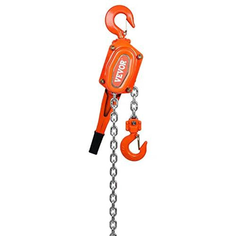 Front view of orange VEVOR manual lever chain hoist with chain and hook