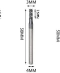 Front view of three carbide end mills with straight shanks; diameters 2mm, 3mm, 4mm, 50mm length.