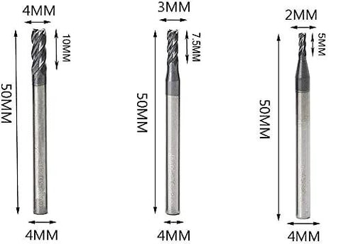 Front view of three carbide end mills with straight shanks; diameters 2mm, 3mm, 4mm, 50mm length.