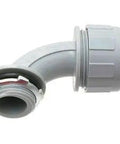 Pro Grade 1 1 4 Inch Nylon Liquid Tight Conduit 50 Pack 90 Degree Elbow Connectors With Steel Locknut And O Ring side view of gray elbow connector