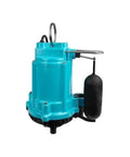 Heavy Duty Submersible Sump Pump With Straight Up Dependable Hella Robust Construction Drop In Ready One Third Horsepower Motor 115 Volt AC, blue color, designed for flood recovery.
