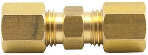Brass compression tube union fitting, front view, 1/4" OD x 1/4" OD ends